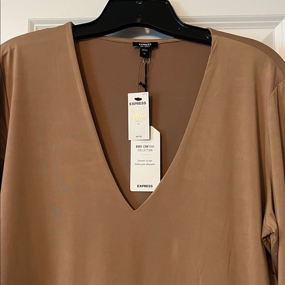 Express pecan v neck bodysuit fitted long sleeve thong back soft size XL NEW - Picture 3 of 4